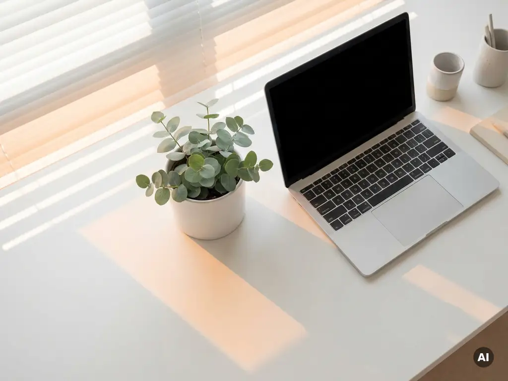 Kleine groene plant op wit bureau naast open laptop, geometrische lichtstralen op strak oppervlak, minimalistische sfeer.