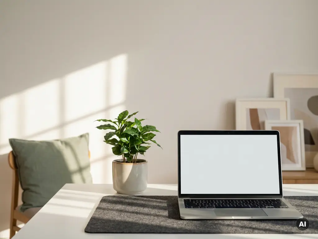 Kleine groene plant op wit bureau naast open laptop in minimalistisch thuiskantoor, zacht ochtendlicht.