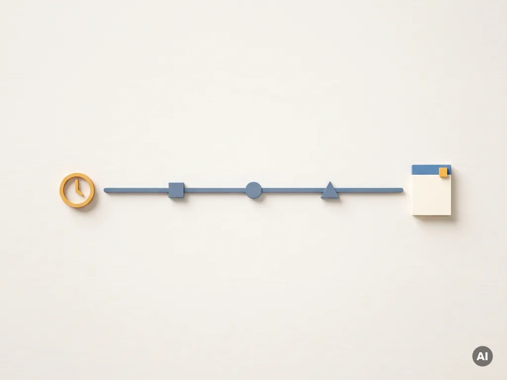 Minimale projecttijdlijn met geometrische mijlpalen van klokpictogram naar factuur, leisteenblauw en amber palet, bovenaanzicht.
