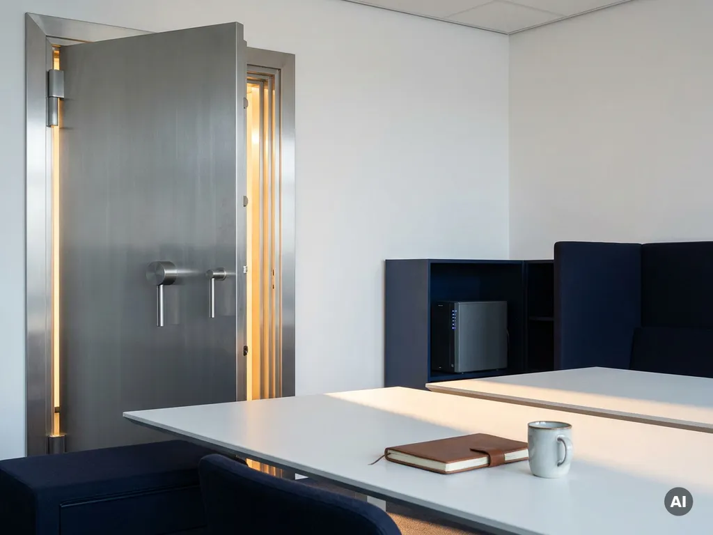 Stalen kluisdeur op een kier in een minimalistisch kantoor, met warm licht dat valt op een wit bureau en een kleine server op de achtergrond.