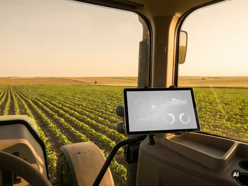 Tractor rijdt door groene gewasrijen bij gouden uur, met een tablet op het dashboard waarop precisielandbouwdata wordt weergegeven.