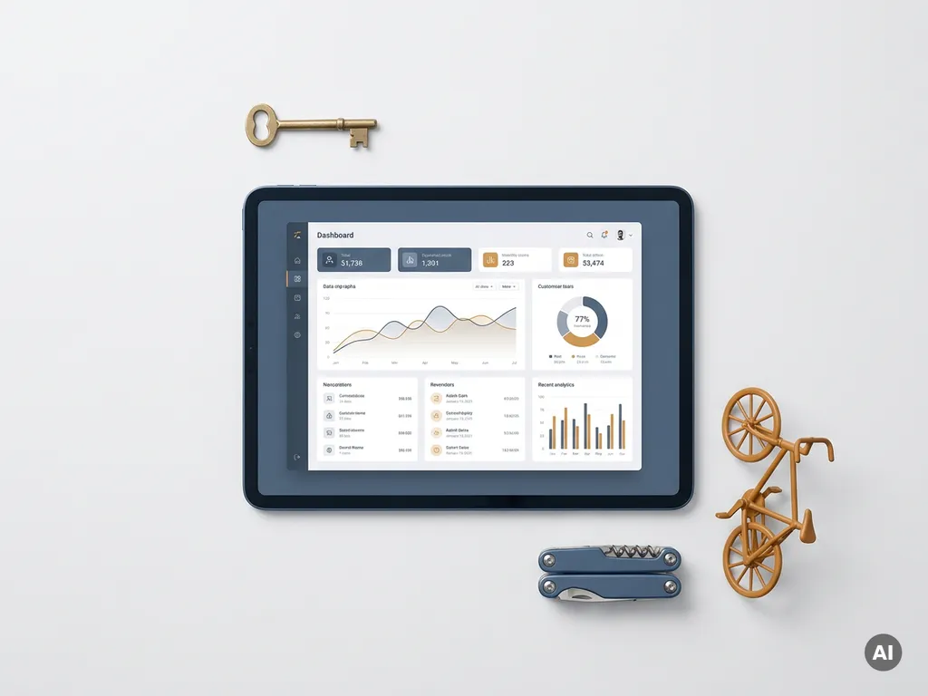 Minimalistische flatlay van een tablet met verhuurdashboard, omringd door een sleutel, fiets en gereedschap op strak wit bureau.